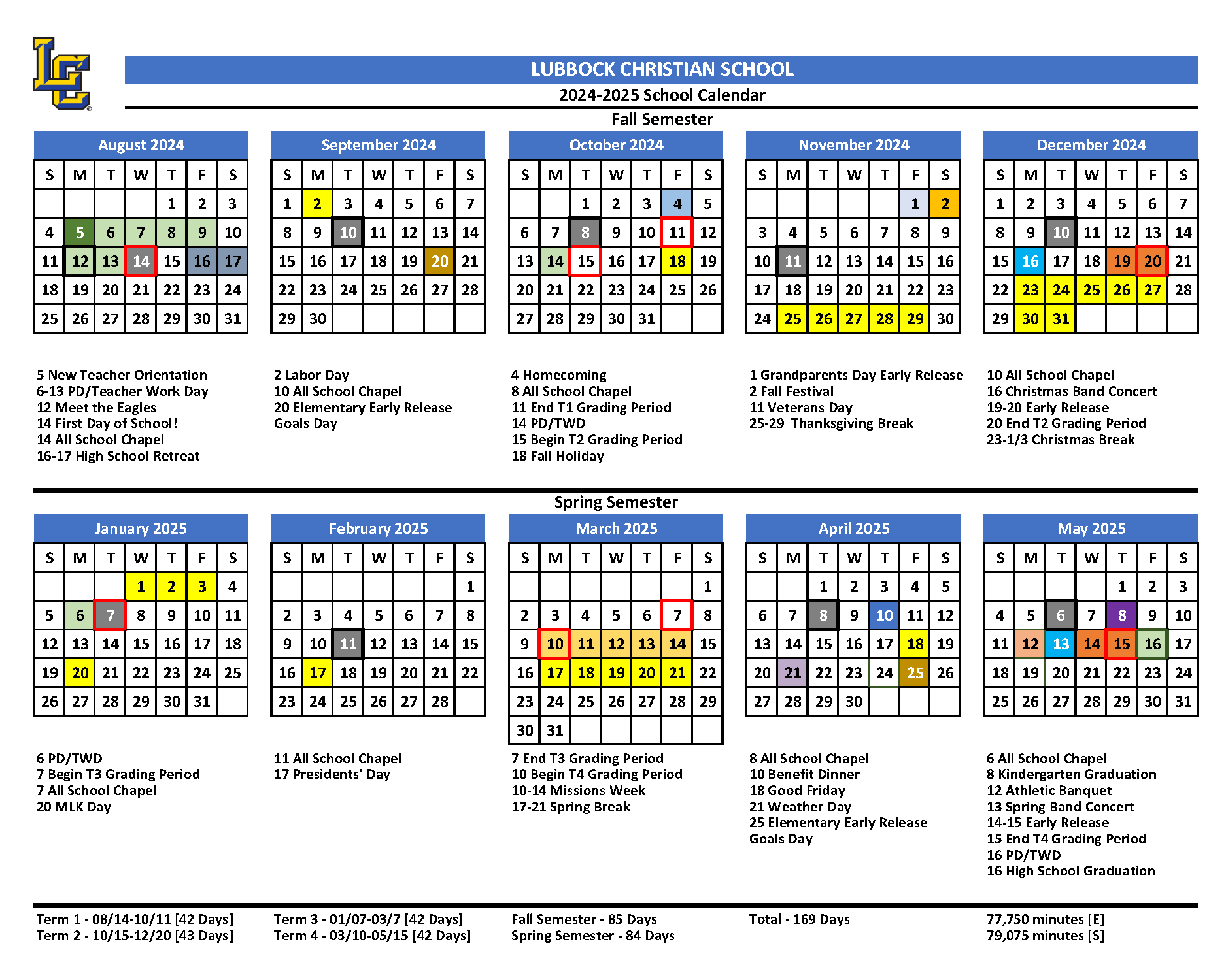 20242025 School Calendar Lubbock Christian School